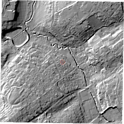 Shaded relief map of the ground around RG412TN, computed from Environment Agency LiDAR. The ground here sits at about 49 m above sea level and falls 21 m across the surrounding 800 m. Surface water reaching this point runs off ground lying to the south-west, 3.9 m higher.