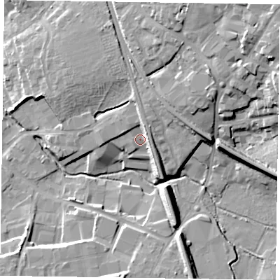 Shaded relief map of the ground around RG412WY, computed from Environment Agency LiDAR. The ground here sits at about 53 m above sea level and falls 22 m across the surrounding 800 m. Surface water reaching this point runs off ground lying to the north-east, 4.5 m higher.