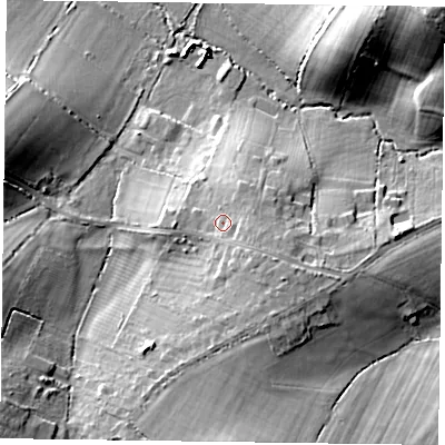 Shaded relief map of the ground around RG414TN, computed from Environment Agency LiDAR. The ground here sits at about 54 m above sea level and falls 21 m across the surrounding 800 m. Surface water reaching this point runs off ground lying to the south-east, 3.1 m higher.