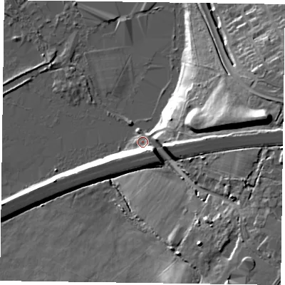 Shaded relief map of the ground around RG415DD, computed from Environment Agency LiDAR. The ground here sits at about 40 m above sea level and falls 18 m across the surrounding 800 m. Surface water reaching this point runs off ground lying to the south-east, 14.4 m higher.
