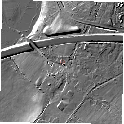 Shaded relief map of the ground around RG415DF, computed from Environment Agency LiDAR. The ground here sits at about 50 m above sea level and falls 20 m across the surrounding 800 m. Surface water reaching this point runs off ground lying to the east, 3.4 m higher.