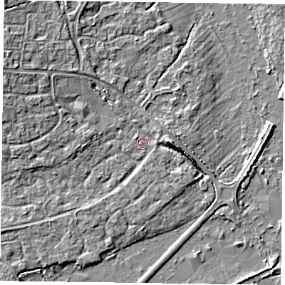 Shaded relief map of the ground around RG415DH, computed from Environment Agency LiDAR. The ground here sits at about 40 m above sea level and falls 5 m across the surrounding 800 m. Surface water reaching this point runs off ground lying to the west-north-west, 3.3 m higher.