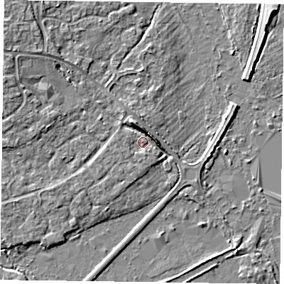 Shaded relief map of the ground around RG415DQ, computed from Environment Agency LiDAR. The ground here sits at about 40 m above sea level and falls 4 m across the surrounding 800 m. Surface water reaching this point runs off ground lying to the north-north-west, 3.7 m higher.