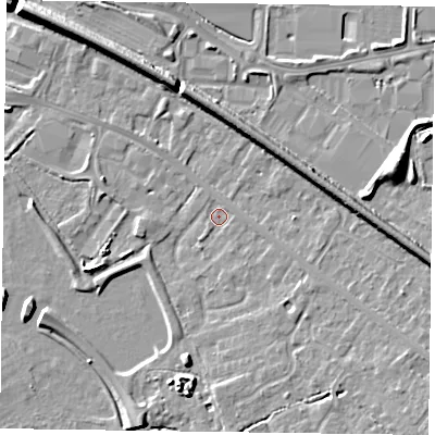 Shaded relief map of the ground around RG415HA, computed from Environment Agency LiDAR. The ground here sits at about 39 m above sea level and falls 7 m across the surrounding 800 m. Surface water reaching this point runs off ground lying to the south-east, 4.1 m higher.