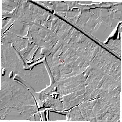 Shaded relief map of the ground around RG415HB, computed from Environment Agency LiDAR. The ground here sits at about 40 m above sea level and falls 7 m across the surrounding 800 m. Surface water reaching this point runs off ground lying to the east-south-east, 0.9 m higher.