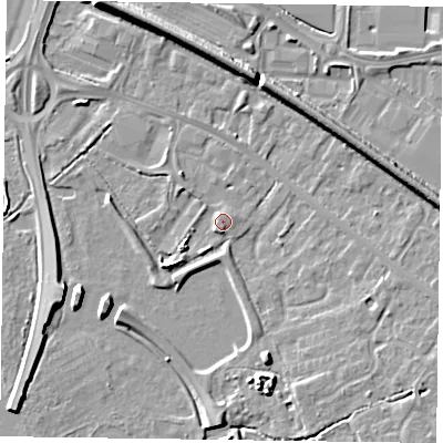 Shaded relief map of the ground around RG415HD, computed from Environment Agency LiDAR. The ground here sits at about 40 m above sea level and falls 7 m across the surrounding 800 m. Surface water reaching this point runs off ground lying to the south-west, 3.0 m higher.