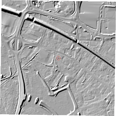 Shaded relief map of the ground around RG415HE, computed from Environment Agency LiDAR. The ground here sits at about 39 m above sea level and falls 9 m across the surrounding 800 m. Surface water reaching this point runs off ground lying to the south-south-west, 1.9 m higher.