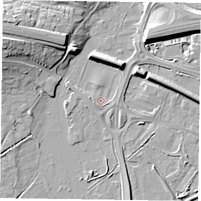 Shaded relief map of the ground around RG415HG, computed from Environment Agency LiDAR. The ground here sits at about 39 m above sea level and falls 14 m across the surrounding 800 m. Surface water reaching this point runs off ground lying to the west-south-west, 2.2 m higher.
