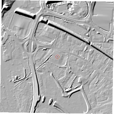 Shaded relief map of the ground around RG415HH, computed from Environment Agency LiDAR. The ground here sits at about 39 m above sea level and falls 11 m across the surrounding 800 m. The ground contributing surface water to this point lies to the north-north-east.