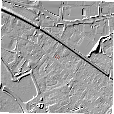 Shaded relief map of the ground around RG415HJ, computed from Environment Agency LiDAR. The ground here sits at about 40 m above sea level and falls 7 m across the surrounding 800 m. Surface water reaching this point runs off ground lying to the east-south-east, 5.5 m higher.