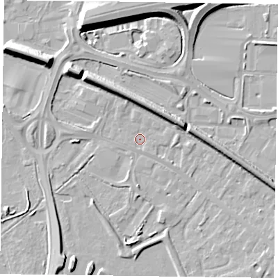 Shaded relief map of the ground around RG415HQ, computed from Environment Agency LiDAR. The ground here sits at about 39 m above sea level and falls 9 m across the surrounding 800 m. Surface water reaching this point runs off ground lying to the east, 1.4 m higher.