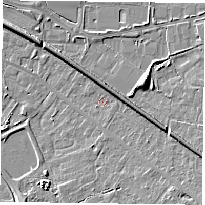 Shaded relief map of the ground around RG415HZ, computed from Environment Agency LiDAR. The ground here sits at about 40 m above sea level and falls 7 m across the surrounding 800 m. Surface water reaching this point runs off ground lying to the east-south-east, 5.1 m higher.