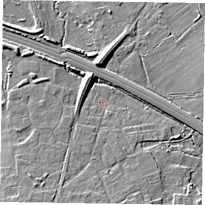 Shaded relief map of the ground around RG415JJ, computed from Environment Agency LiDAR. The ground here sits at about 40 m above sea level and falls 10 m across the surrounding 800 m. Surface water reaching this point runs off ground lying to the south-south-west, 7.4 m higher.