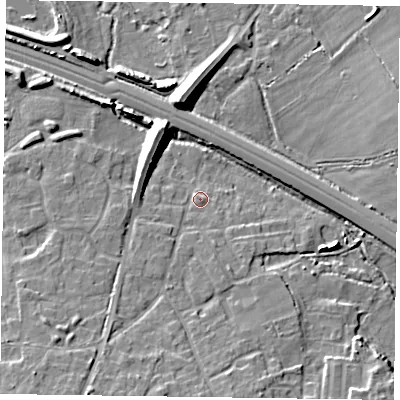 Shaded relief map of the ground around RG415JN, computed from Environment Agency LiDAR. The ground here sits at about 41 m above sea level and falls 10 m across the surrounding 800 m. Surface water reaching this point runs off ground lying to the south-south-west, 6.9 m higher.