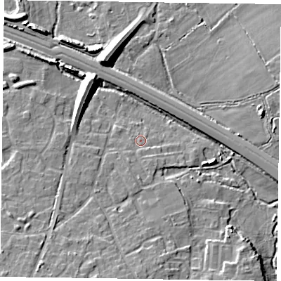 Shaded relief map of the ground around RG415JP, computed from Environment Agency LiDAR. The ground here sits at about 41 m above sea level and falls 10 m across the surrounding 800 m. Surface water reaching this point runs off ground lying to the south, 2.5 m higher.