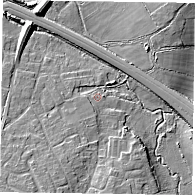 Shaded relief map of the ground around RG415JR, computed from Environment Agency LiDAR. The ground here sits at about 42 m above sea level and falls 11 m across the surrounding 800 m. Surface water reaching this point runs off ground lying to the south-south-west, 2.0 m higher.