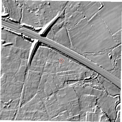 Shaded relief map of the ground around RG415LL, computed from Environment Agency LiDAR. The ground here sits at about 40 m above sea level and falls 10 m across the surrounding 800 m. Surface water reaching this point runs off ground lying to the south, 4.5 m higher.