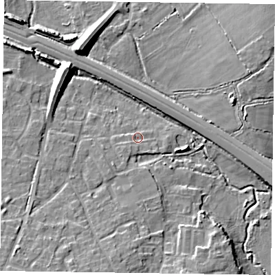 Shaded relief map of the ground around RG415PD, computed from Environment Agency LiDAR. The ground here sits at about 41 m above sea level and falls 10 m across the surrounding 800 m. Surface water reaching this point runs off ground lying to the west-south-west, 1.9 m higher.