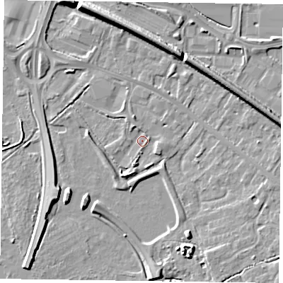 Shaded relief map of the ground around RG415QS, computed from Environment Agency LiDAR. The ground here sits at about 39 m above sea level and falls 7 m across the surrounding 800 m. Surface water reaching this point runs off ground lying to the south-south-west, 3.0 m higher.
