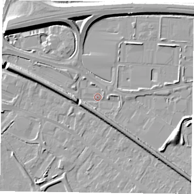 Shaded relief map of the ground around RG415RB, computed from Environment Agency LiDAR. The ground here sits at about 39 m above sea level and falls 9 m across the surrounding 800 m. Surface water reaching this point runs off ground lying to the south-south-east, 5.5 m higher.
