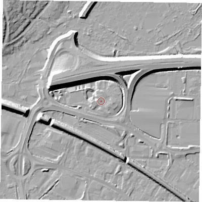 Shaded relief map of the ground around RG415RD, computed from Environment Agency LiDAR. The ground here sits at about 40 m above sea level and falls 9 m across the surrounding 800 m. Surface water reaching this point runs off ground lying to the south-east, 0.9 m higher.
