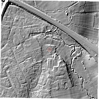 Shaded relief map of the ground around RG415RN, computed from Environment Agency LiDAR. The ground here sits at about 42 m above sea level and falls 12 m across the surrounding 800 m. Surface water reaching this point runs off ground lying to the south-south-east, 3.5 m higher.