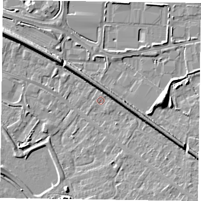 Shaded relief map of the ground around RG415RT, computed from Environment Agency LiDAR. The ground here sits at about 40 m above sea level and falls 7 m across the surrounding 800 m. Surface water reaching this point runs off ground lying to the east-south-east, 5.5 m higher.