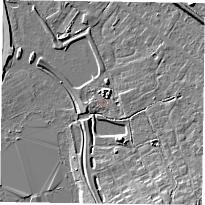Shaded relief map of the ground around RG415SL, computed from Environment Agency LiDAR. The ground here sits at about 40 m above sea level and falls 10 m across the surrounding 800 m. Surface water reaching this point runs off ground lying to the north, 3.6 m higher.
