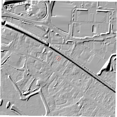 Shaded relief map of the ground around RG415ST, computed from Environment Agency LiDAR. The ground here sits at about 39 m above sea level and falls 9 m across the surrounding 800 m. Surface water reaching this point runs off ground lying to the east-south-east, 5.8 m higher.