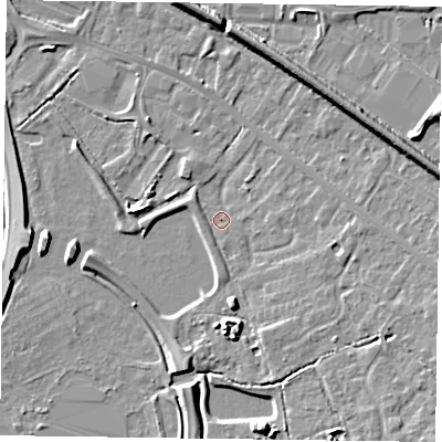 Shaded relief map of the ground around RG415SX, computed from Environment Agency LiDAR. The ground here sits at about 40 m above sea level and falls 7 m across the surrounding 800 m. Surface water reaching this point runs off ground lying to the south, 3.4 m higher.
