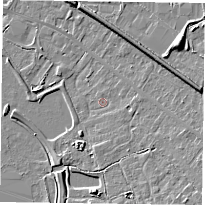 Shaded relief map of the ground around RG415SZ, computed from Environment Agency LiDAR. The ground here sits at about 40 m above sea level and falls 7 m across the surrounding 800 m. Surface water reaching this point runs off ground lying to the east-south-east, 0.7 m higher.