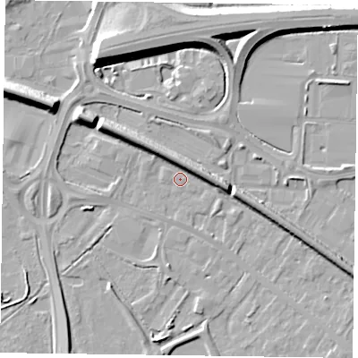 Shaded relief map of the ground around RG415TE, computed from Environment Agency LiDAR. The ground here sits at about 39 m above sea level and falls 9 m across the surrounding 800 m. Surface water reaching this point runs off ground lying to the east-south-east, 5.7 m higher.