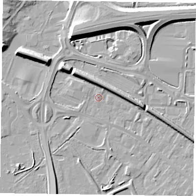 Shaded relief map of the ground around RG415TF, computed from Environment Agency LiDAR. The ground here sits at about 39 m above sea level and falls 9 m across the surrounding 800 m. Surface water reaching this point runs off ground lying to the north-north-east, 0.8 m higher.