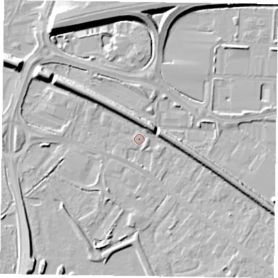 Shaded relief map of the ground around RG415TG, computed from Environment Agency LiDAR. The ground here sits at about 39 m above sea level and falls 9 m across the surrounding 800 m. Surface water reaching this point runs off ground lying to the east-south-east, 6.0 m higher.
