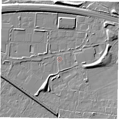 Shaded relief map of the ground around RG415TP, computed from Environment Agency LiDAR. The ground here sits at about 39 m above sea level and falls 8 m across the surrounding 800 m. Surface water reaching this point runs off ground lying to the east, 6.9 m higher.