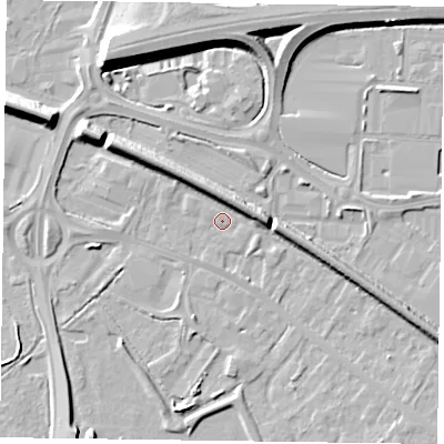 Shaded relief map of the ground around RG415TQ, computed from Environment Agency LiDAR. The ground here sits at about 39 m above sea level and falls 9 m across the surrounding 800 m. Surface water reaching this point runs off ground lying to the east-south-east, 5.8 m higher.