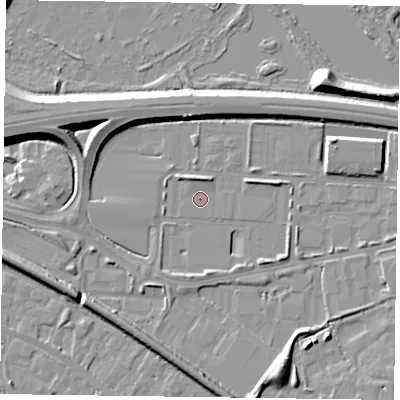 Shaded relief map of the ground around RG415TS, computed from Environment Agency LiDAR. The ground here sits at about 39 m above sea level and falls 8 m across the surrounding 800 m. Surface water reaching this point runs off ground lying to the north, 2.1 m higher.
