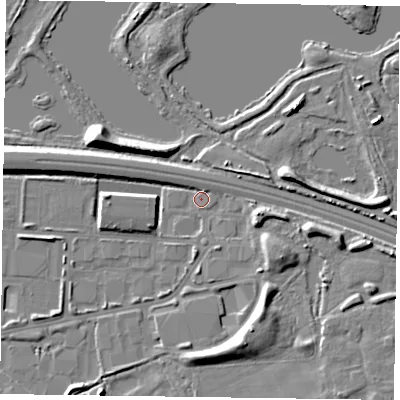 Shaded relief map of the ground around RG415TU, computed from Environment Agency LiDAR. The ground here sits at about 39 m above sea level and falls 8 m across the surrounding 800 m. Surface water reaching this point runs off ground lying to the south-east, 5.6 m higher.
