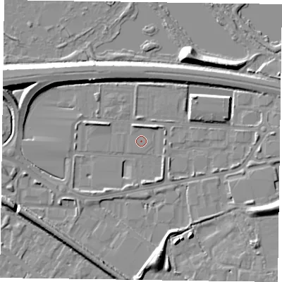 Shaded relief map of the ground around RG415UX, computed from Environment Agency LiDAR. The ground here sits at about 39 m above sea level and falls 8 m across the surrounding 800 m. Surface water reaching this point runs off ground lying to the south-west, 1.9 m higher.