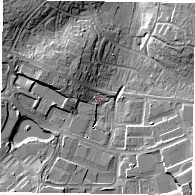 Shaded relief map of the ground around RG421PD, computed from Environment Agency LiDAR. The ground here sits at about 53 m above sea level and falls 18 m across the surrounding 800 m. Surface water reaching this point runs off ground lying to the west-north-west, 9.5 m higher.