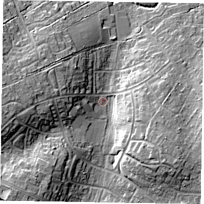 Shaded relief map of the ground around RG421SZ, computed from Environment Agency LiDAR. The ground here sits at about 51 m above sea level and falls 17 m across the surrounding 800 m. Surface water reaching this point runs off ground lying to the west, 13.7 m higher.