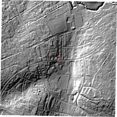 Shaded relief map of the ground around RG421TB, computed from Environment Agency LiDAR. The ground here sits at about 53 m above sea level and falls 18 m across the surrounding 800 m. Surface water reaching this point runs off ground lying to the west, 12.2 m higher.