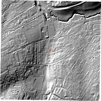 Shaded relief map of the ground around RG421TL, computed from Environment Agency LiDAR. The ground here sits at about 50 m above sea level and falls 16 m across the surrounding 800 m. Surface water reaching this point runs off ground lying to the west-south-west, 12.6 m higher.