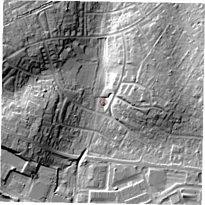 Shaded relief map of the ground around RG421UA, computed from Environment Agency LiDAR. The ground here sits at about 51 m above sea level and falls 13 m across the surrounding 800 m. Surface water reaching this point runs off ground lying to the west-south-west, 11.9 m higher.