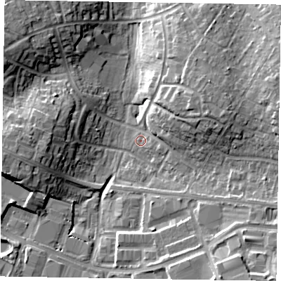 Shaded relief map of the ground around RG421UJ, computed from Environment Agency LiDAR. The ground here sits at about 52 m above sea level and falls 14 m across the surrounding 800 m. Surface water reaching this point runs off ground lying to the east-north-east, 8.0 m higher.