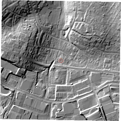 Shaded relief map of the ground around RG421UR, computed from Environment Agency LiDAR. The ground here sits at about 53 m above sea level and falls 18 m across the surrounding 800 m. Surface water reaching this point runs off ground lying to the south-east, 1.9 m higher.