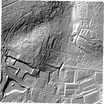 Shaded relief map of the ground around RG421UT, computed from Environment Agency LiDAR. The ground here sits at about 54 m above sea level and falls 17 m across the surrounding 800 m. Surface water reaching this point runs off ground lying to the west, 8.8 m higher.