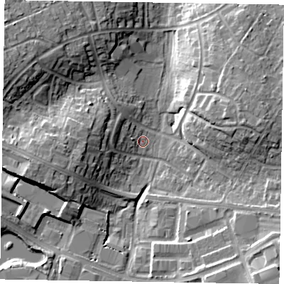 Shaded relief map of the ground around RG421UX, computed from Environment Agency LiDAR. The ground here sits at about 52 m above sea level and falls 14 m across the surrounding 800 m. Surface water reaching this point runs off ground lying to the west-north-west, 4.9 m higher.