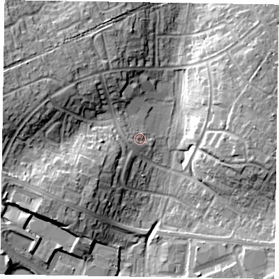 Shaded relief map of the ground around RG421XG, computed from Environment Agency LiDAR. The ground here sits at about 53 m above sea level and falls 16 m across the surrounding 800 m. Surface water reaching this point runs off ground lying to the west-south-west, 3.6 m higher.