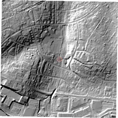 Shaded relief map of the ground around RG421XH, computed from Environment Agency LiDAR. The ground here sits at about 51 m above sea level and falls 14 m across the surrounding 800 m. Surface water reaching this point runs off ground lying to the west-south-west, 11.9 m higher.